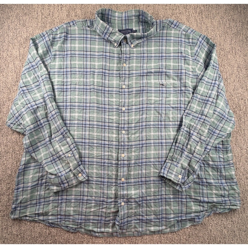 Vineyard Vines Button Down Mens 5XB Green Plaid Cotton Linen Classic 1W011210